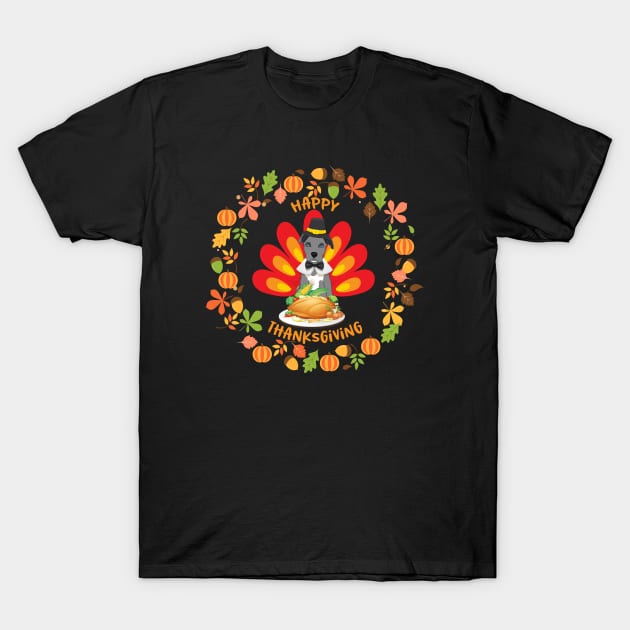 Happy Thanksgiving Blue Nose Pitbull Pup Turkey Fall Leaves T-Shirt by Rosemarie Guieb Designs